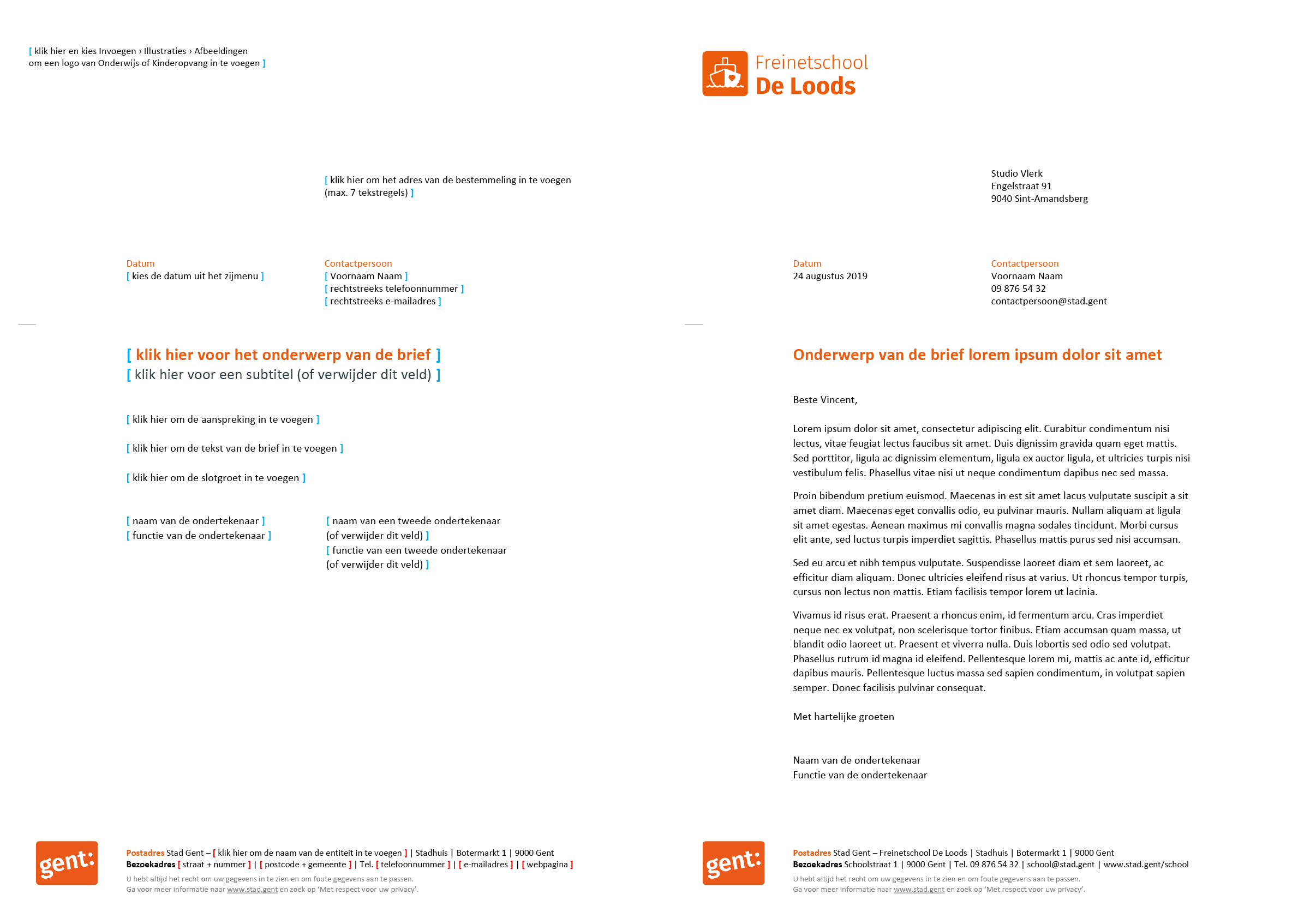 Brief met contactpersoon, gepersonaliseerd voor de submerken van het basisonderwijs (blanco en ingevuld). Microsoft Word-sjabloon voor de Stad Gent.