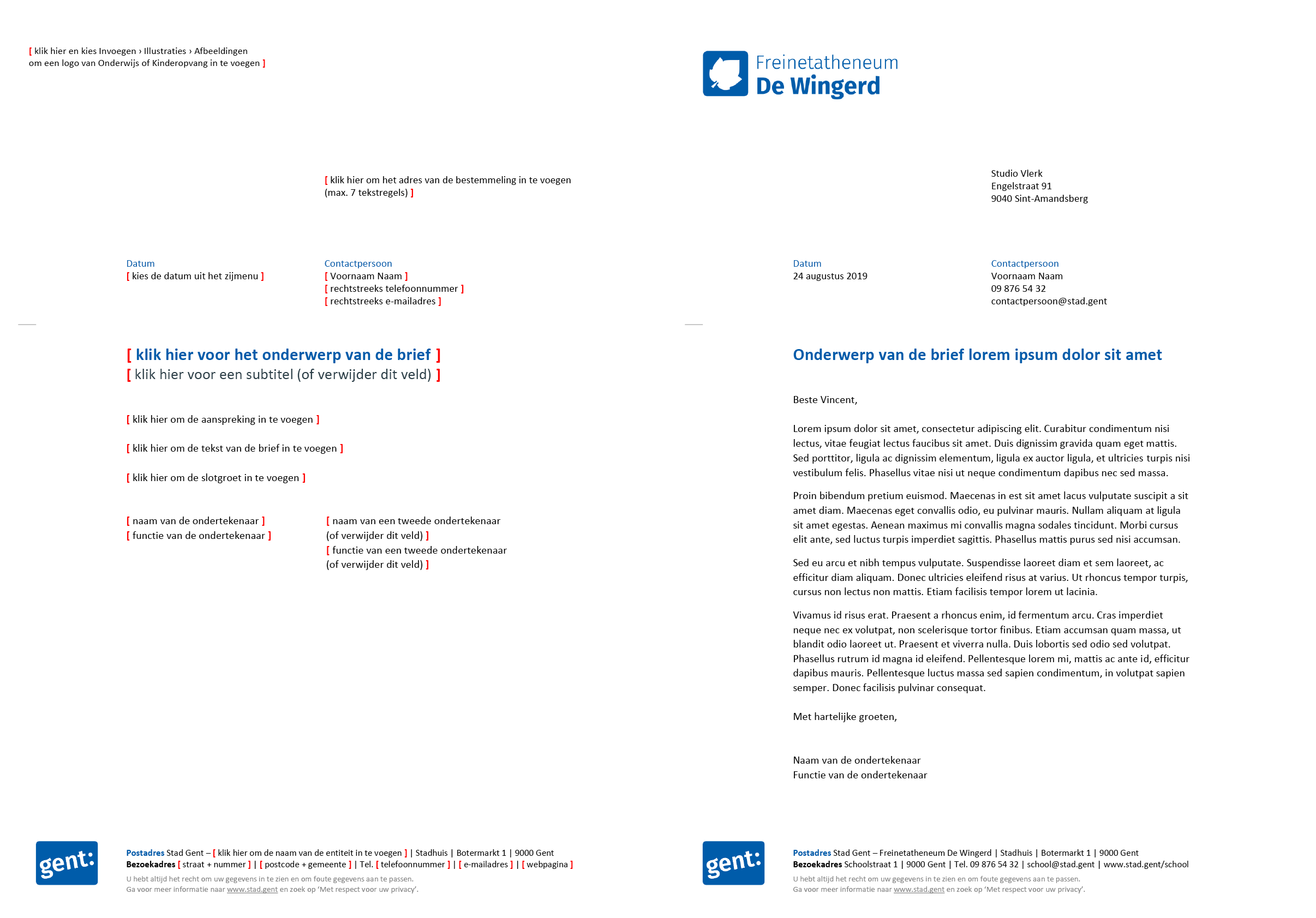 Brief met contactpersoon, gepersonaliseerd voor de submerken van het secundair onderwijs (blanco en ingevuld). Microsoft Word-sjabloon voor de Stad Gent.
