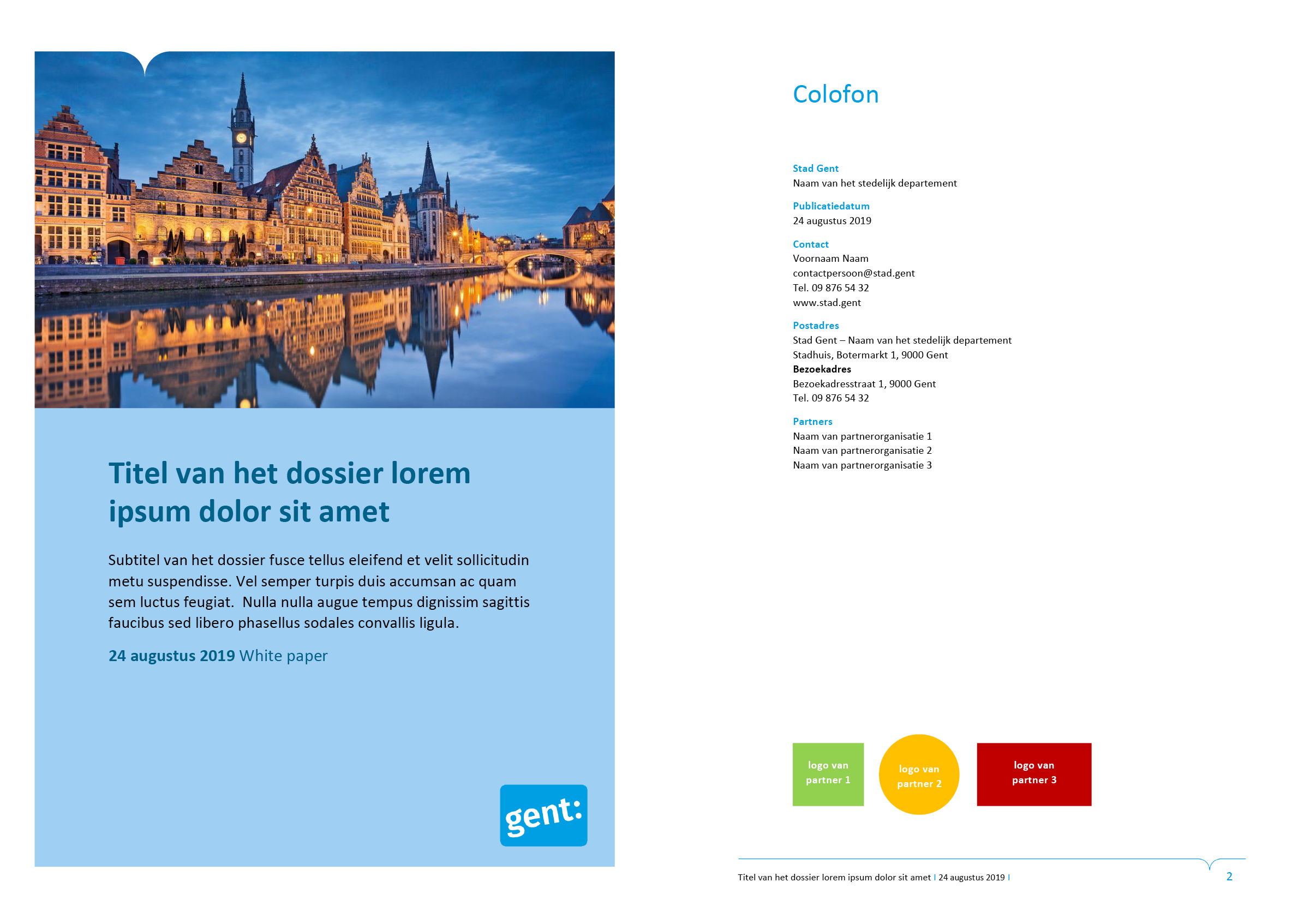 Eerste voorblad-ontwerp en colofon-pagina van dossier (ingevuld). Microsoft Word-sjabloon voor de Stad Gent.