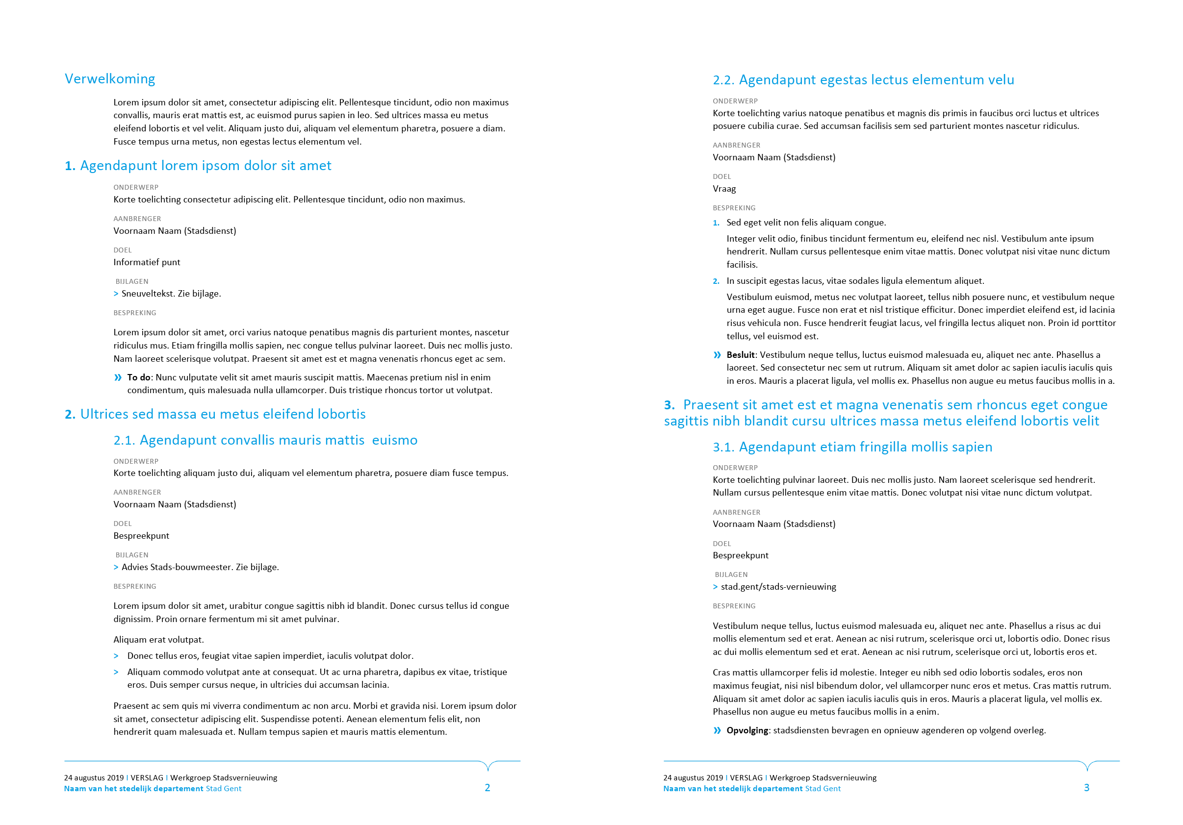 Verslag van vergadering (blanco en ingevuld). Afgeleid Microsoft Word-sjabloon voor de Stad Gent.