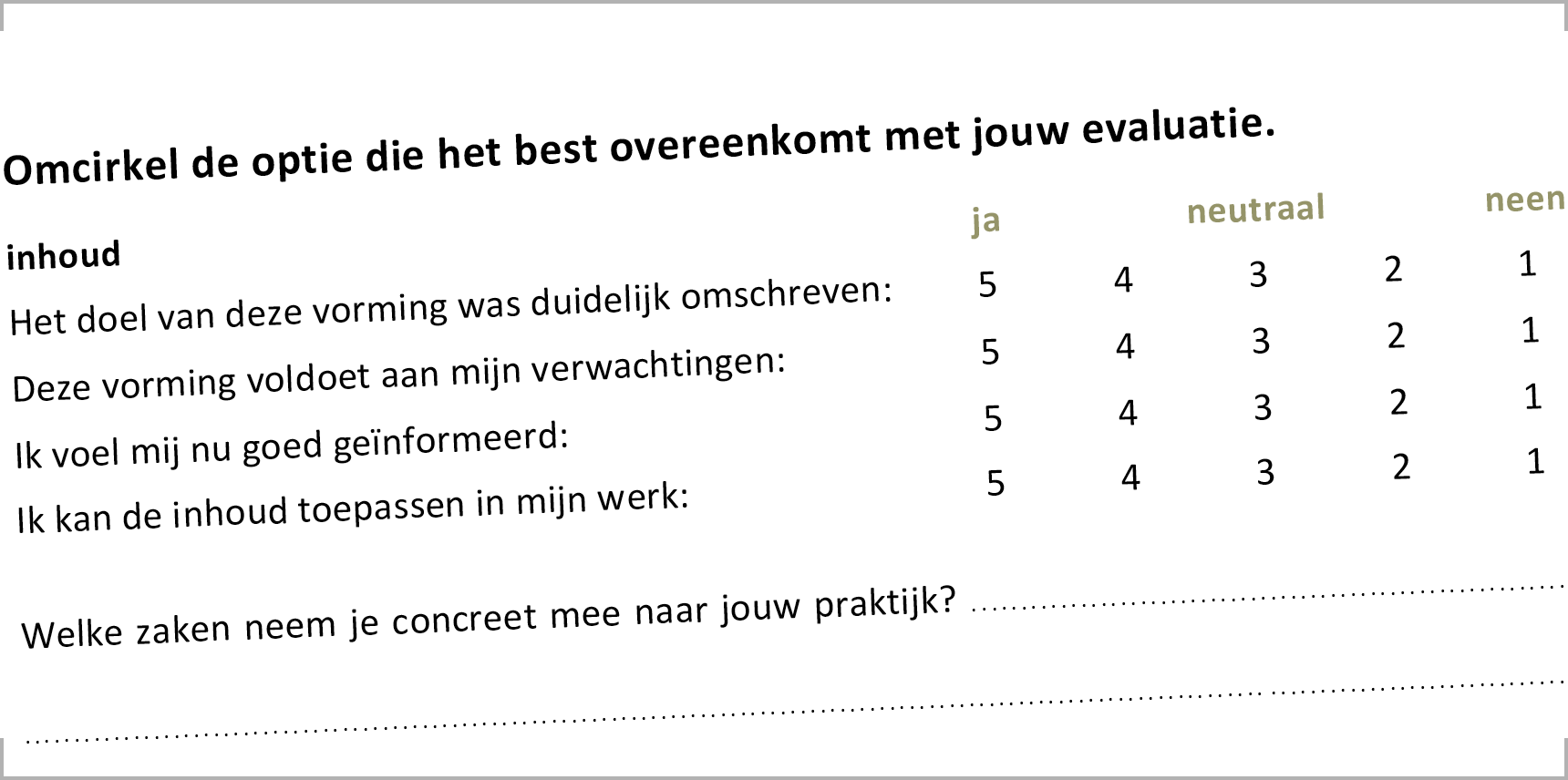 Detail uit evaluatie-formulier voor vormingen van Agentschap Integratie en Inburgering. Klik om de formulieren te bekijken.