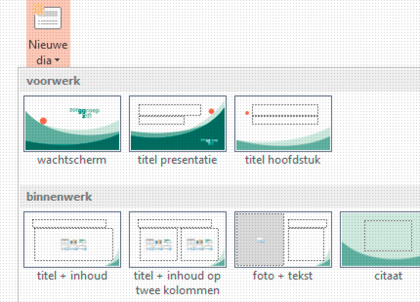 Detail uit het overzichtelijk keuzemenu voor dia-types van het Microsoft Powerpoint-sjabloon voor zorGGroep Zin. Klik om naar het project te gaan.