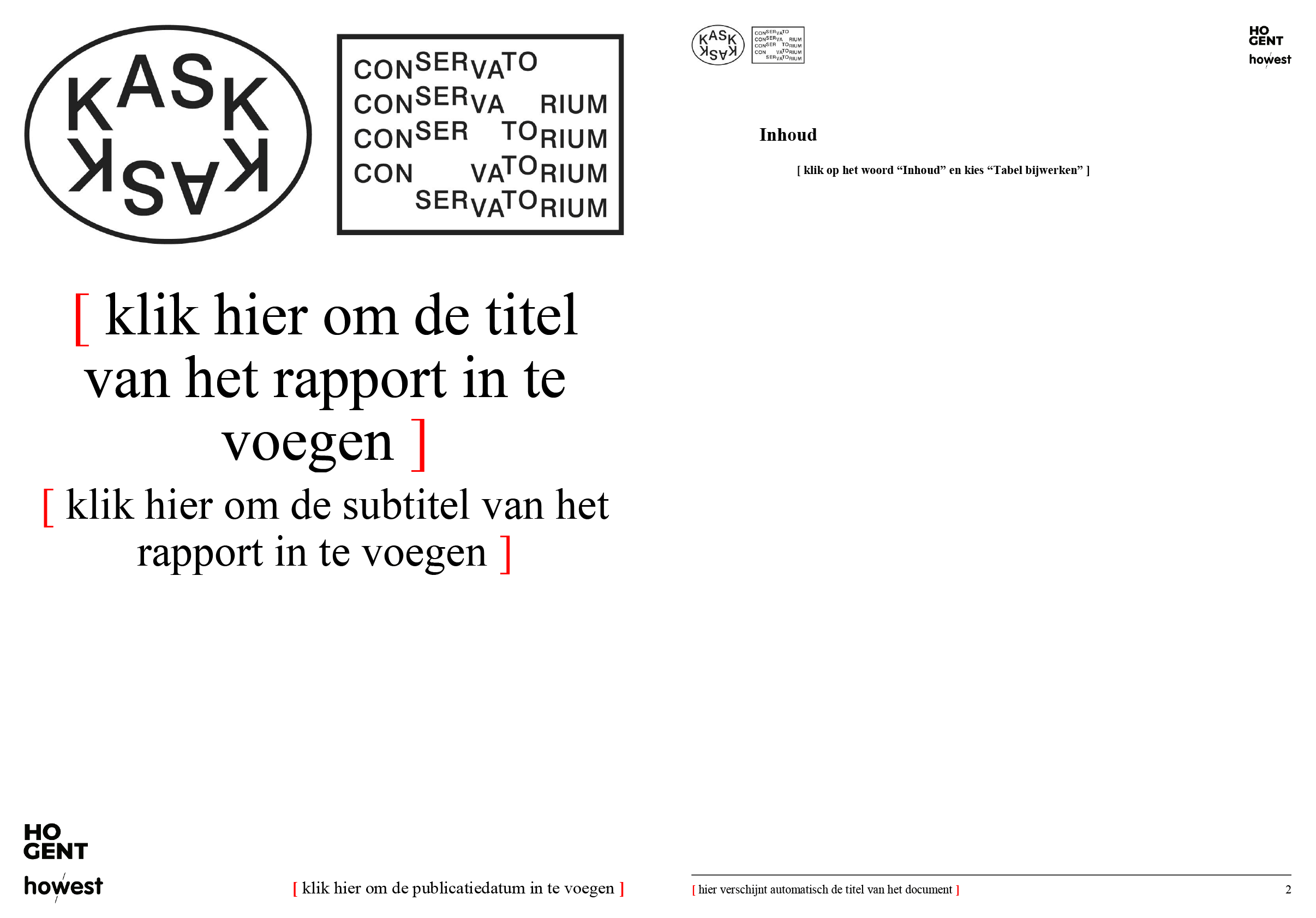 Dossier: voorblad en automatische inhoudsopgave (blanco). Microsoft Word-sjabloon voor KASK & Conservatorium (School of Arts Gent).