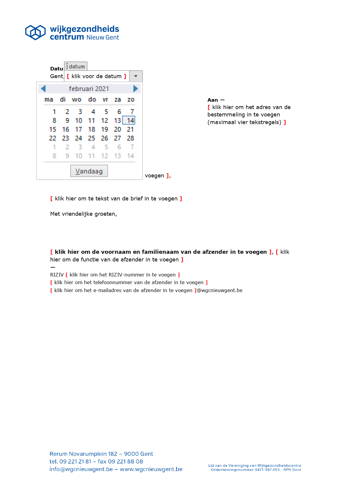 Een datumveld met kalender vereenvoudigt de invoer van de datum. Microsoft Word-sjabloon voor WGC Nieuw Gent.