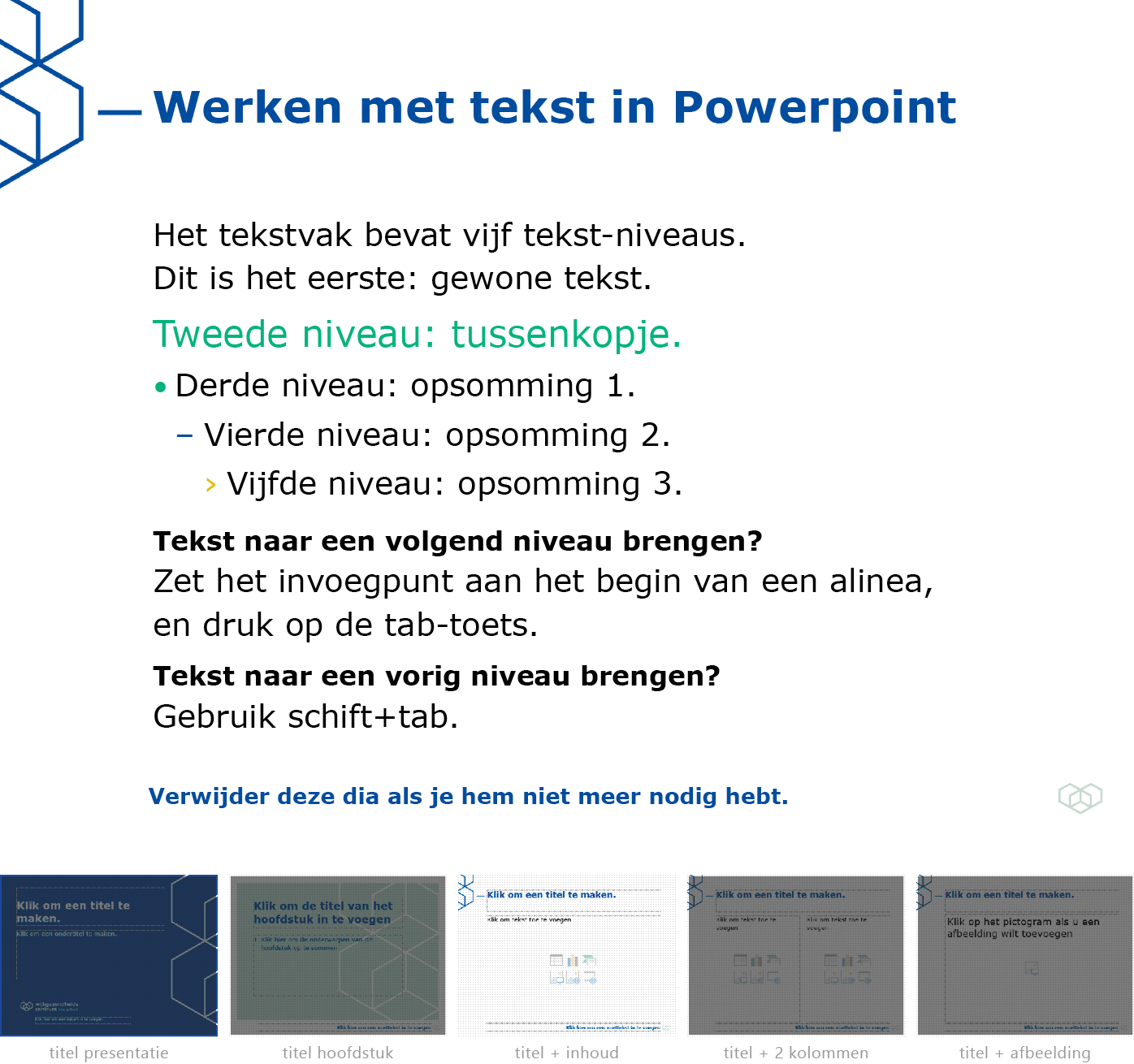 Instructie "werken met tekst in Powerpoint" uit het Powerpoint-sjabloon voor WGC Nieuw Gent.